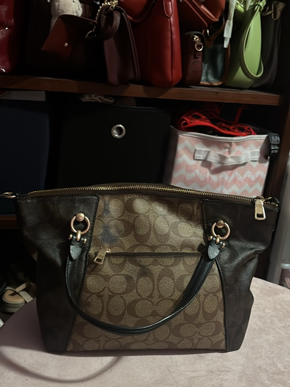 Coach Brown Signature Tote with Black Trim and Gold Hardware